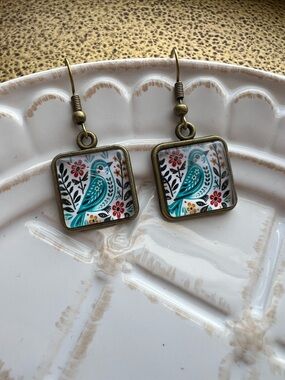 Blue Bird Floral Square Dangle Earrings Vintage Inspired Bronze Tone